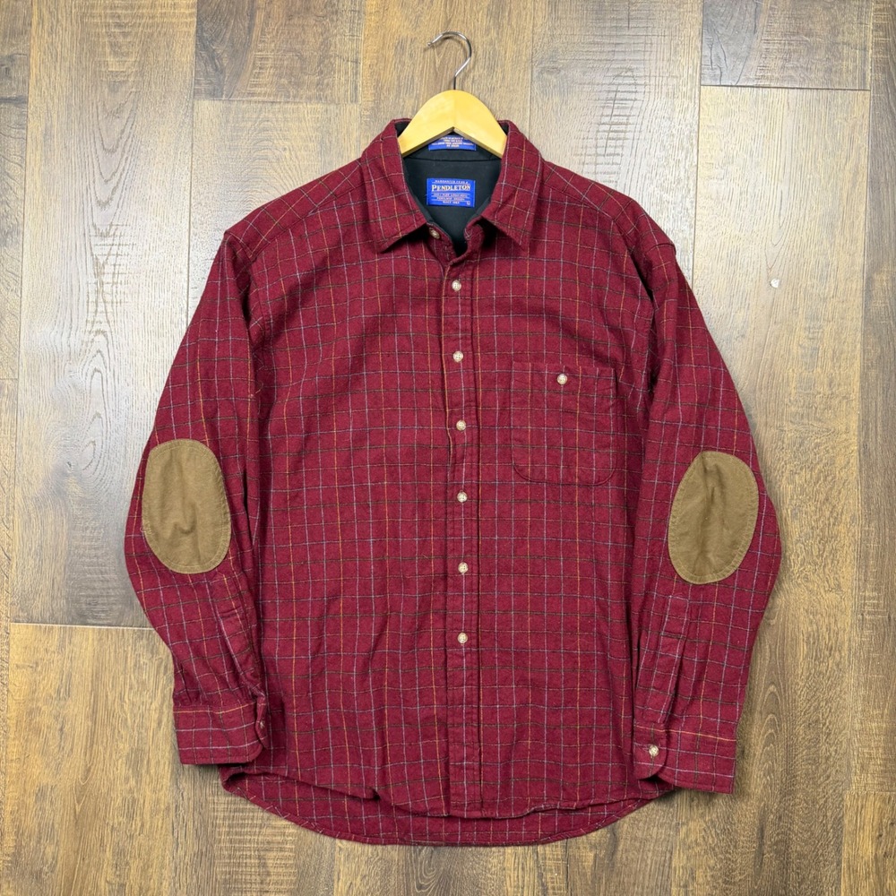 Pendleton Mens L Elbow Patch Trail Shirt Burgundy Plaid 100% Virgin Wool